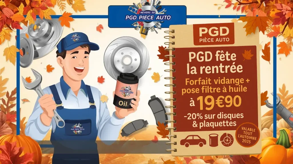 Promo rentrée PGD Nevers : vidange 19€90 (pose filtre) et –20% sur disques & plaquettes – Automne 2025